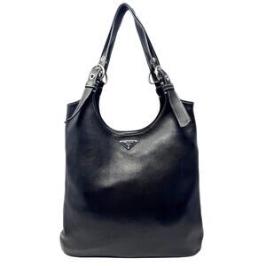 Prada Bag Shoulder Tote Leather Triangle Logo Black White Silver Hobo Purse